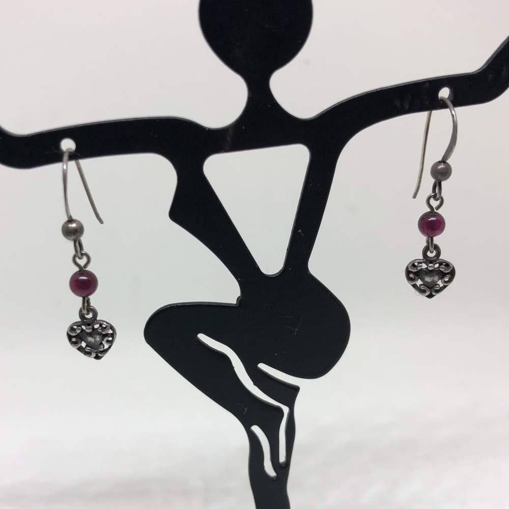 Sterling garnet  and heart dangle earrings